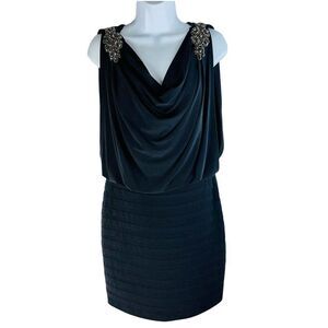 Cache Vtg 90's Beaded Shoulder Cowl Neck Gray Cocktail Dress Stretchy Gorgeous 6